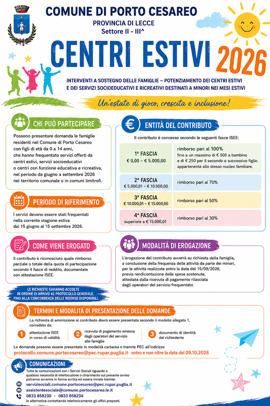 INTERVENTI A SOSTEGNO DELLE FAMIGLIE -POTENZIAMENTO DEI CENTRI ESTIVI E DEI SERVIZI SOCIO-EDUCATIVI E RICREATIVI DESTINATI A MINORI NEI MESI ESTIVI