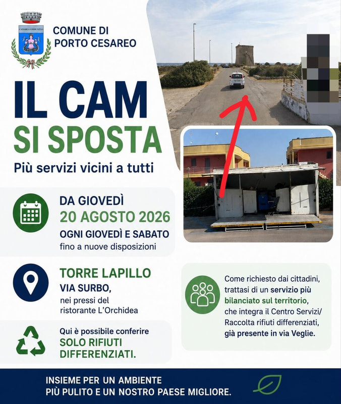 Servizio CAM (Centro Ambientale Mobile) : da giovedì 20 agosto il servizio si sposta a Torre Lapillo